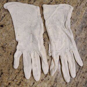 Vintage Size S 6.5 Cream Rayon Formal 8.5" Gloves Embroidered Flower Geometric